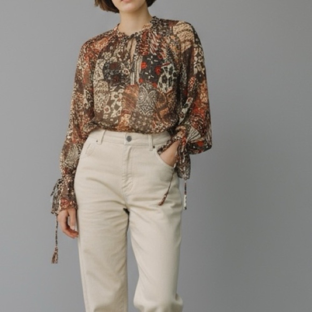 Joie 100% Silk Blouse Top S | Pinecone Multi Boho Patchwork Tie-Neck Fall Edit